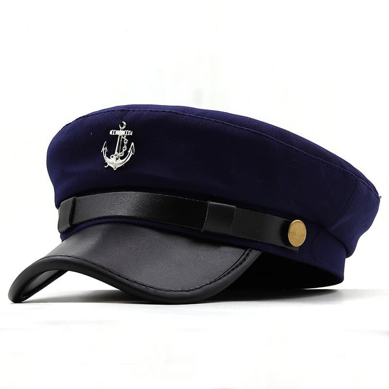 Boné de Primavera e Verão Novo, Boné Azul Marinho Feminino, Boina Retro Britânica, Boné Masculino de Couro PU com Aba Re