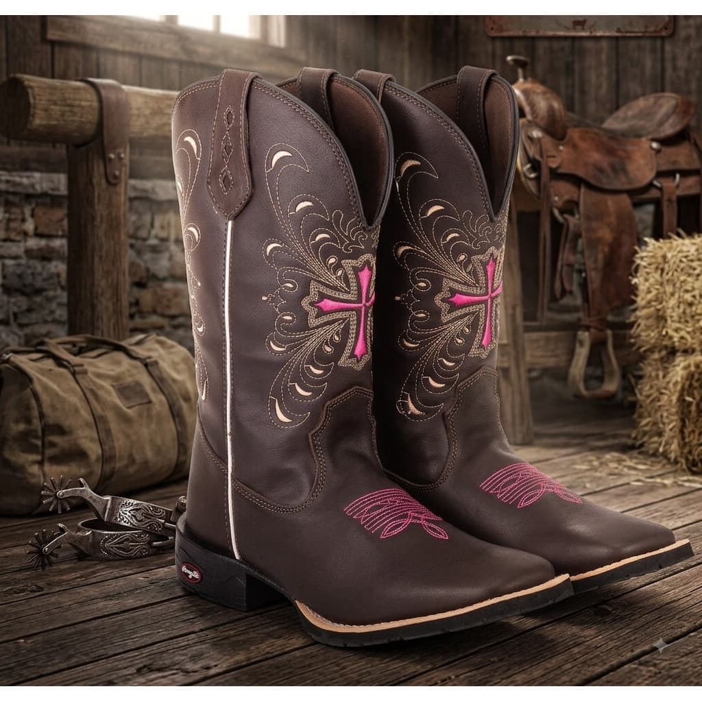 Bota Texana Feminina Country Bico Quadrado Solado De Borracha Cruz Normal Rosa