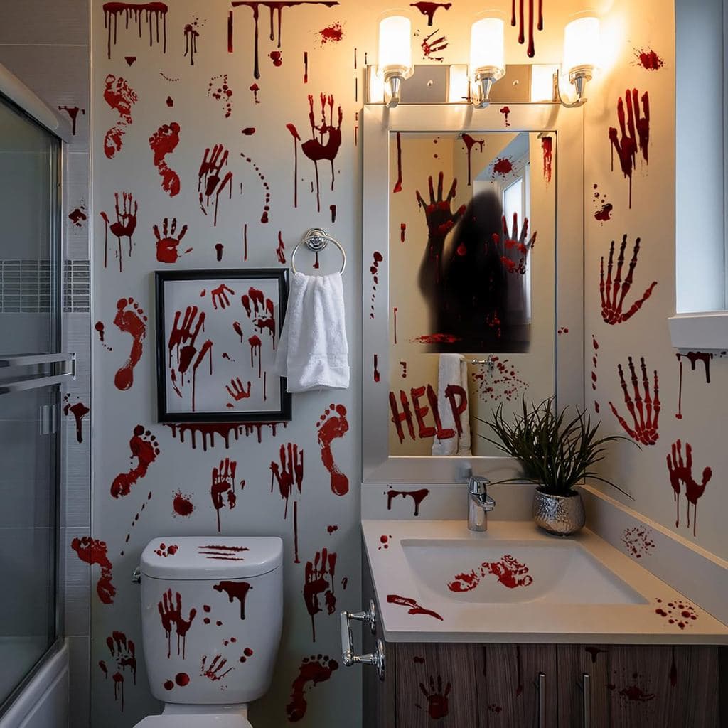 Decorações De Halloween-Estampas De Mãos Sangrentas Assustadoras , Caveira E Pegadas Decalques Adesivos De Janela , Adeq