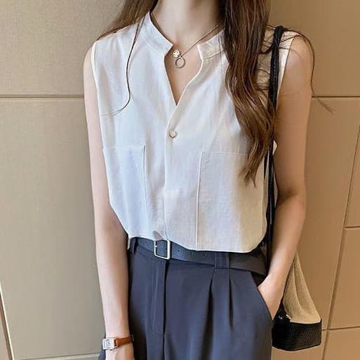 Camisa sem mangas colete sem mangas camisa feminina verão All-Match camisa elegante versão coreana camiseta exterior Wea