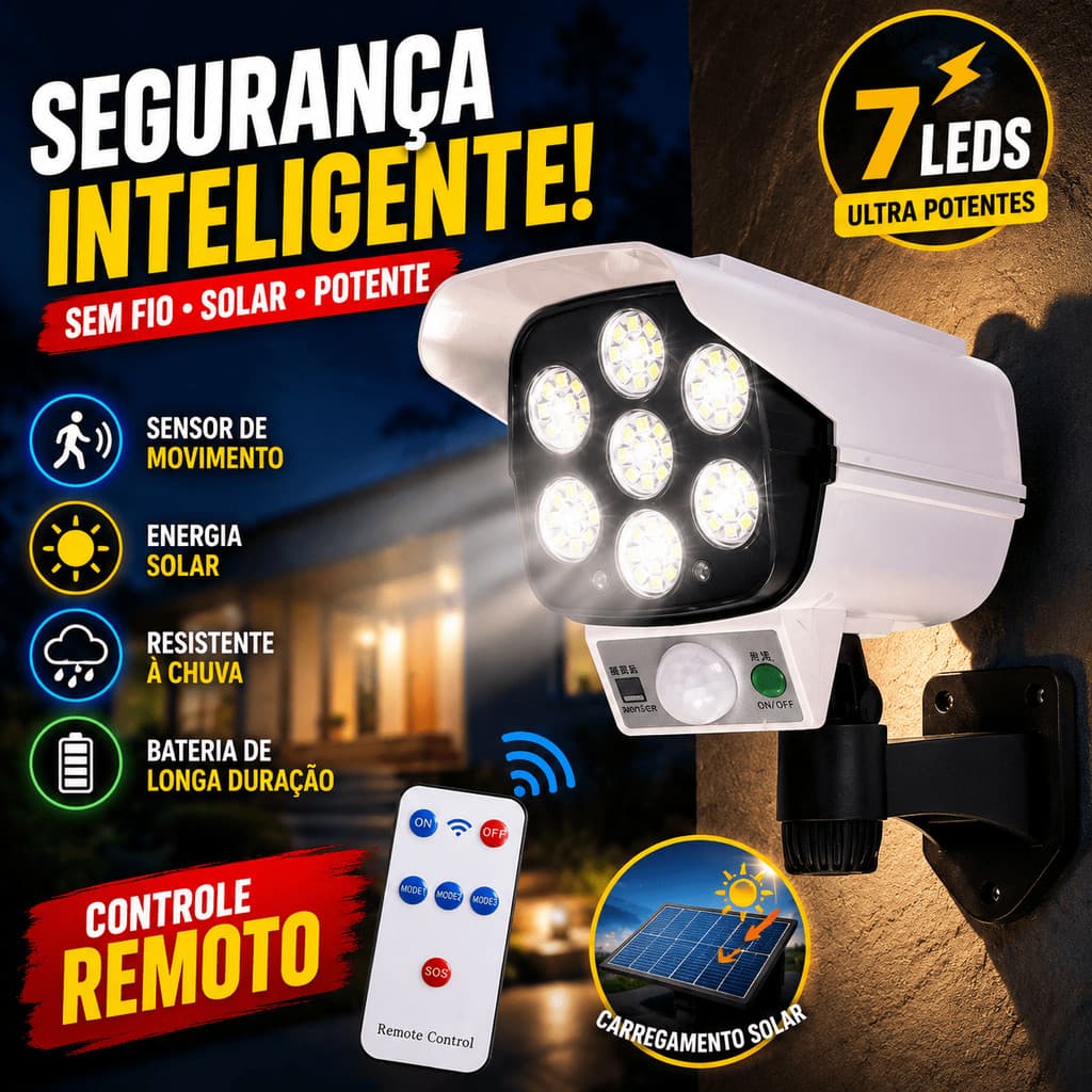 Câmera Falsa 77 Led 60W Refletor Solar Com Sensor Presença Antifurto Ladrão Luminária Autonoma Prova D'Água Jardim Casa