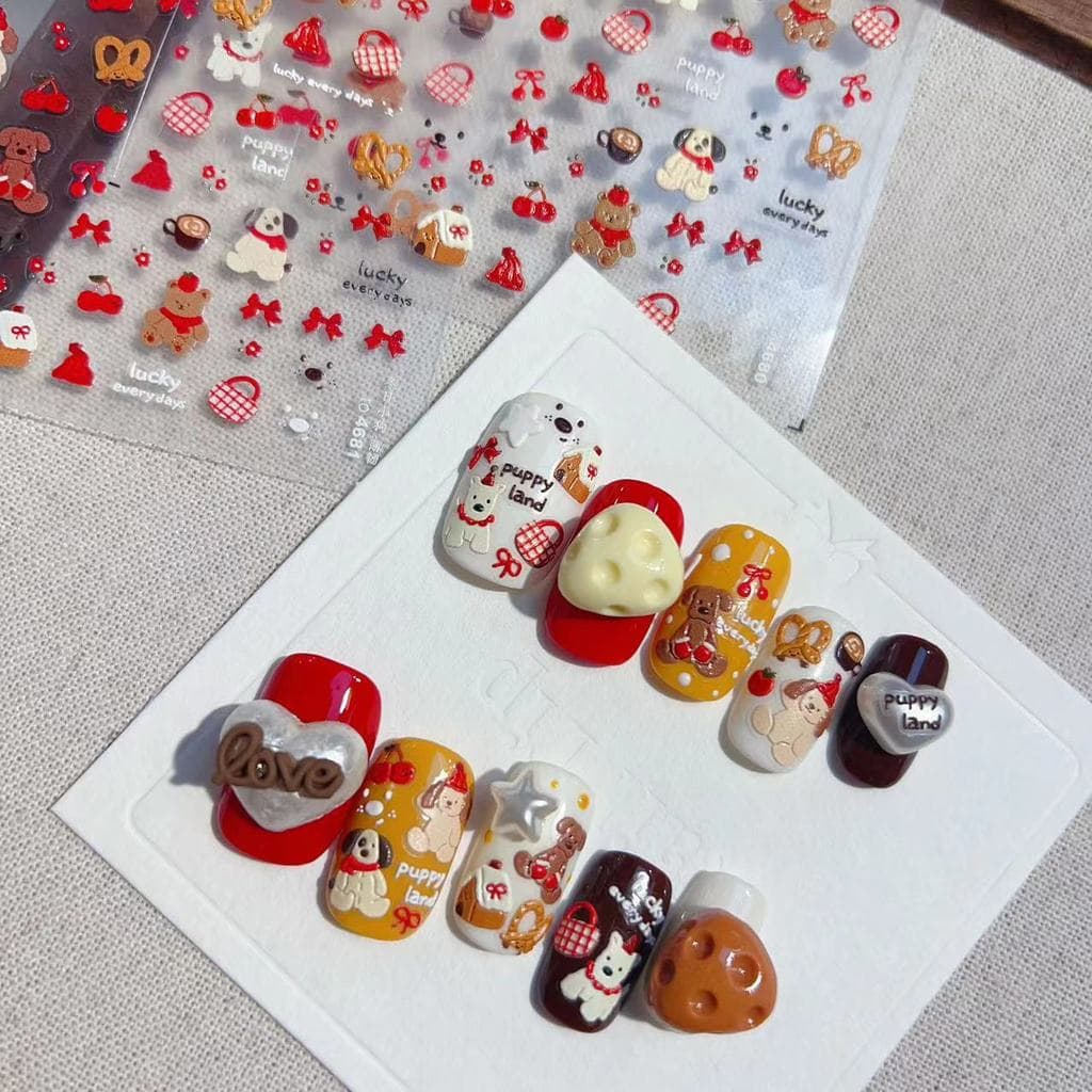 Inverno bonito filhote de cachorro gatinho manicure adesivo novo estilo arco vermelho cereja High-End manicure adesivo