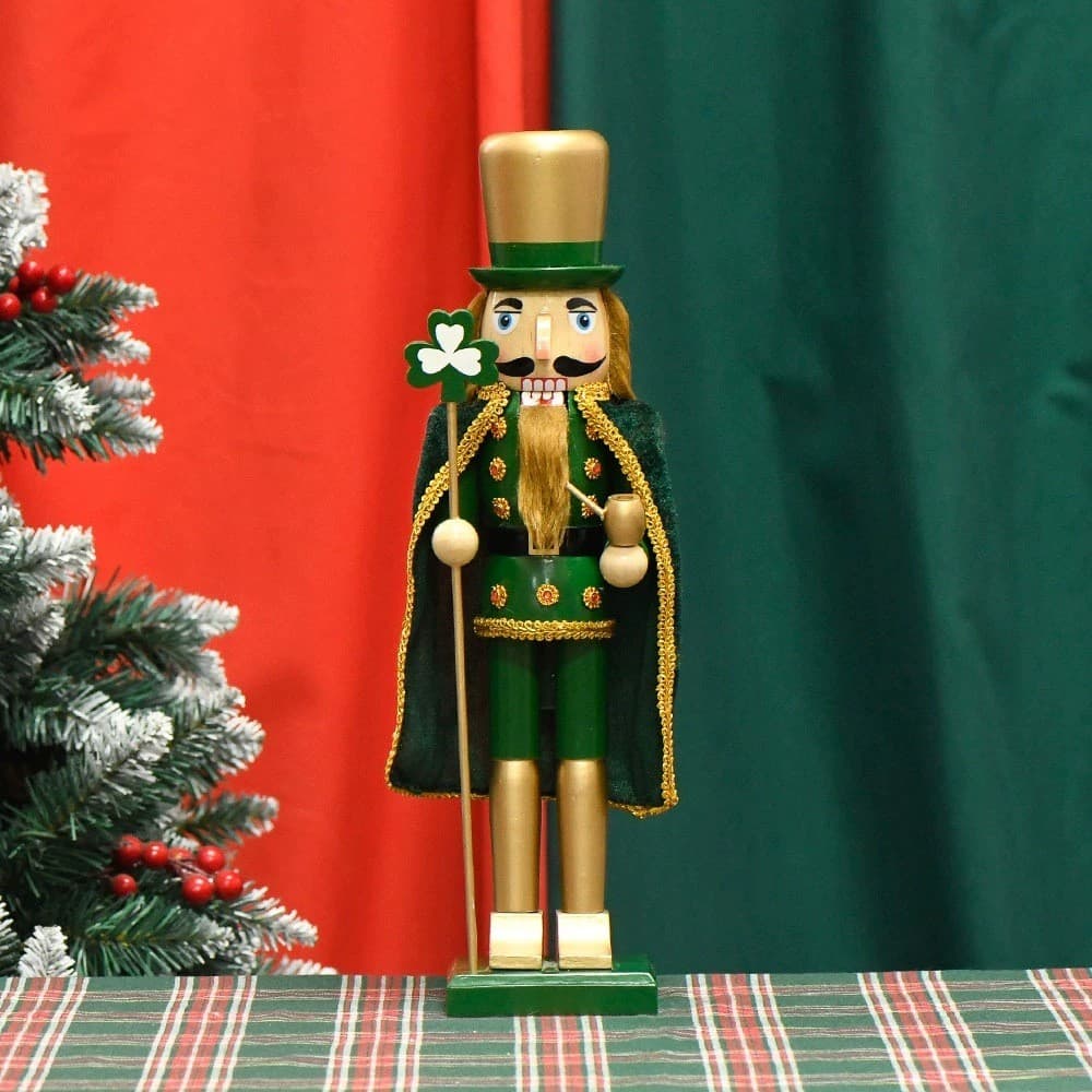 premium-38CM Trevo Irlandês De Quatro Folhas Quebra-Nozes Ornamento De Decoração De Natal De Madeira Em Ouro E Verde