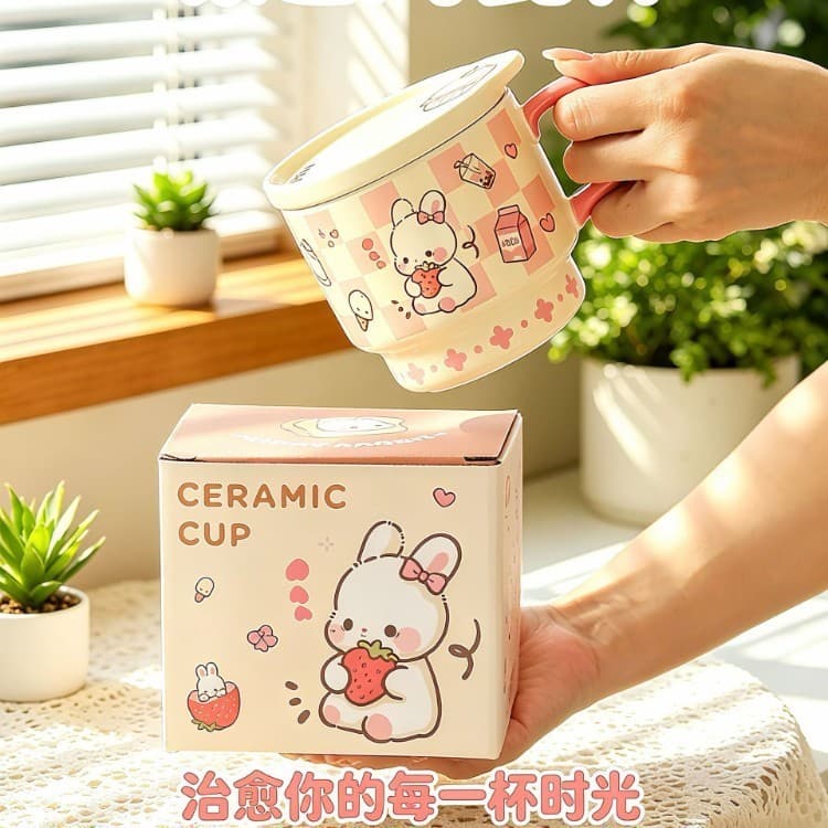 Copo cerâmico estilo creme 430ml 430ml copo de água em formato de urso de coelho com tampa caneca copo de presente