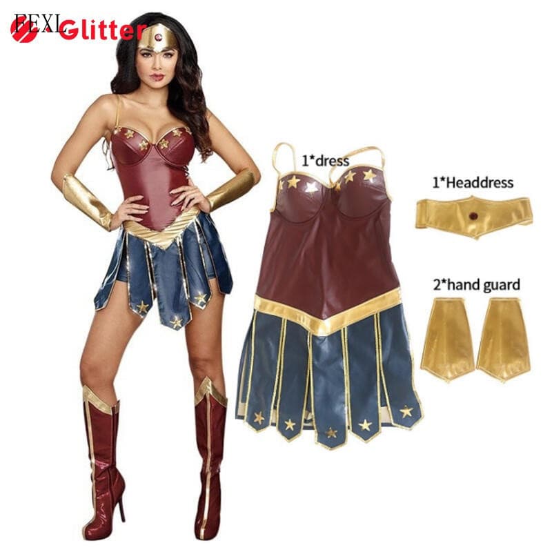 Fantasia Feminina de Mavilha para Adultos, Cosplay de Super-Herói da Marvel, Vestido de Couro PU, Conjunto de Acessórios