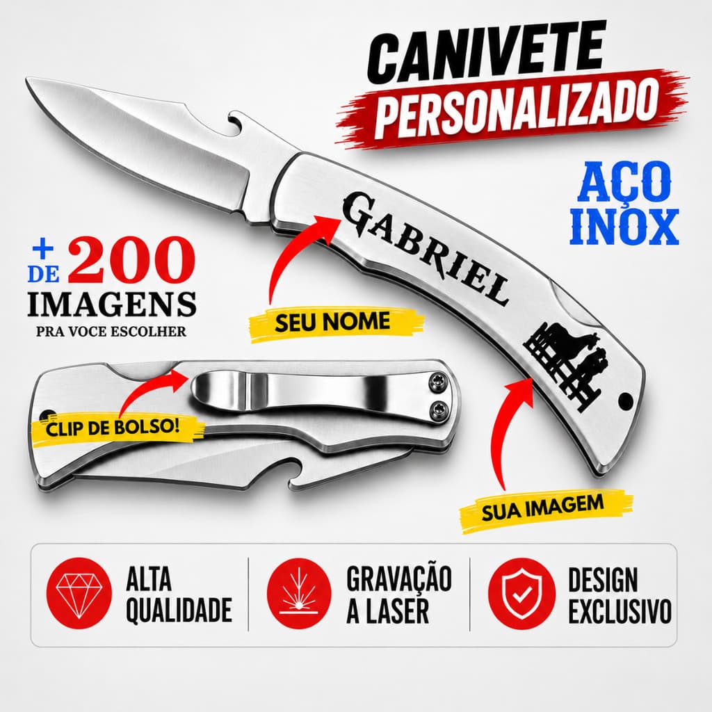 Canivete Personalizado Agro Pecuária Gado Nelore Inox Clip Bolso Seu Nome Laser Envio Já