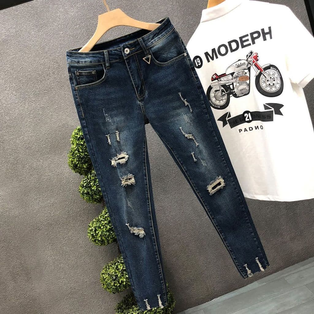 Calças de brim rasgadas masculinas finas retas magro ajuste tornozelo-perna calças masculinas Street Wear bonito calças