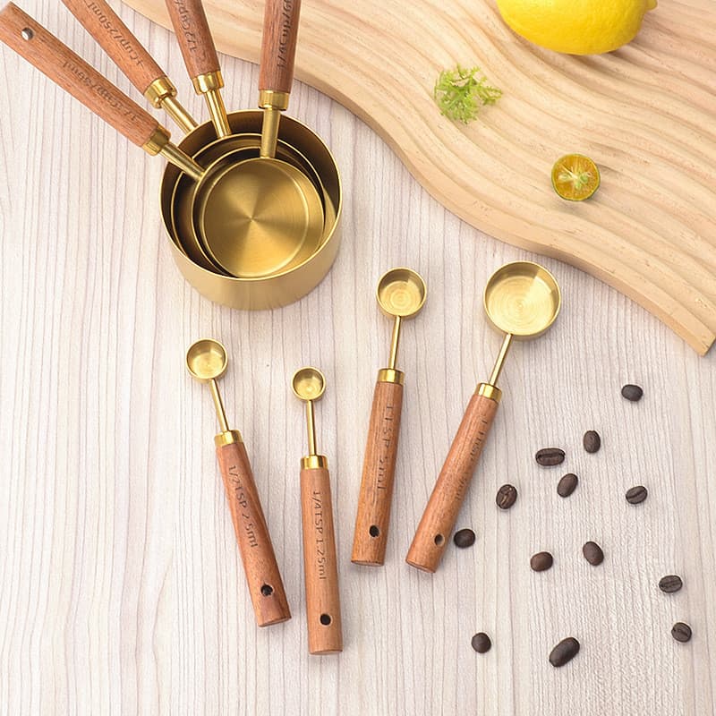 Conjunto de Copos Medidores de Aço Inoxidável e Madeira de Acácia para Confeitaria e Café, Kit de Luxo de 4 ou 8 Peças 2
