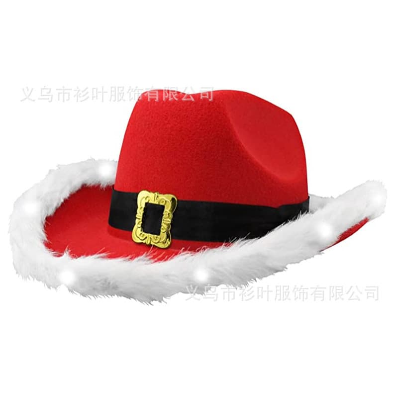 Chapéu de cowboy de penas de Natal em estoque pronto Chapéu de cowboy ocidental vermelho Chapéu de Papai Noel Cinto Cowb