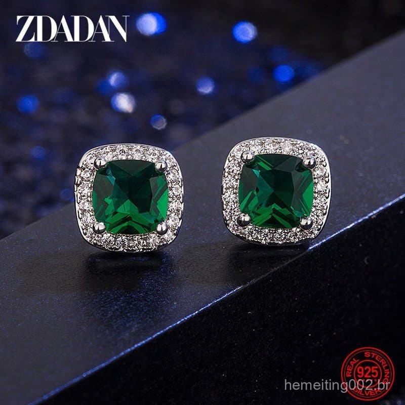 ZDADAN 925 prata esterlina 9 mm brincos quadrados esmeralda, joias da moda feminina.