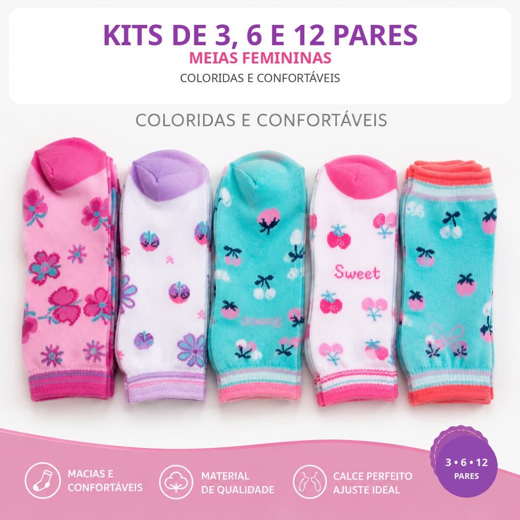 Meia Infantil Menina Kit 3 6 12 Pares Cano Médio Algodão Estampada Criança Escolar Confortável 2 a 10 Anos