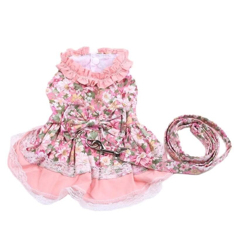 Cães E Gatos Vestido Camisa Floral & Arco Com Trela De Cachorro Combinando De Estimação Saia Primavera/Verão Roupas Vest