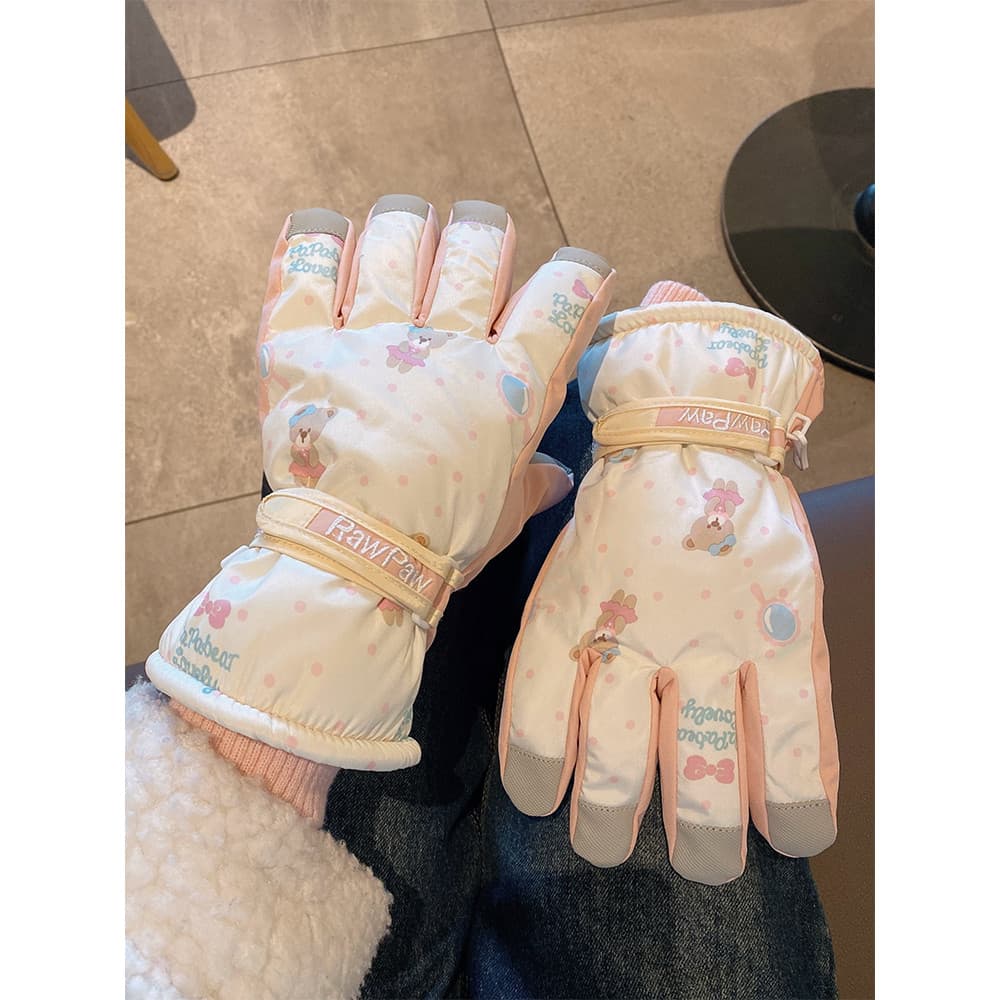Bege bonito urso luvas de esqui feminino inverno estilo coreano forro de lã quente engrossado ao ar livre à prova de ven