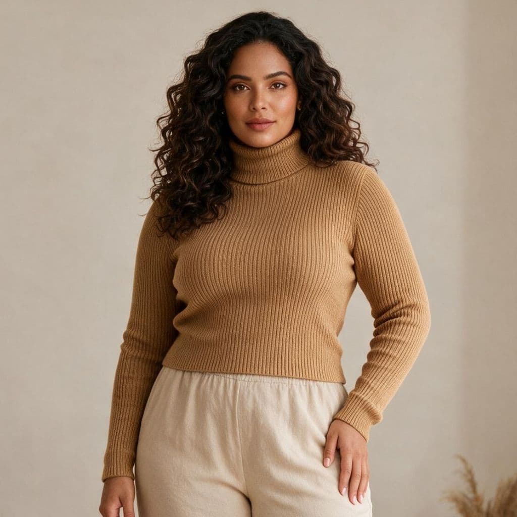 Cacharrel Plus Size Feminina Tricô Canelado Gola Alta Manga Longa Suéter Blusa Casual Elegante