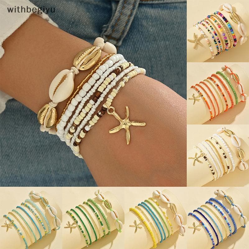 dfd 7 Pçs Estilo Boêmio Estrela Do Mar Concha Mão Tecido Pulseira Para Mulheres Meninas Moda Frisado Verão Praia Férias