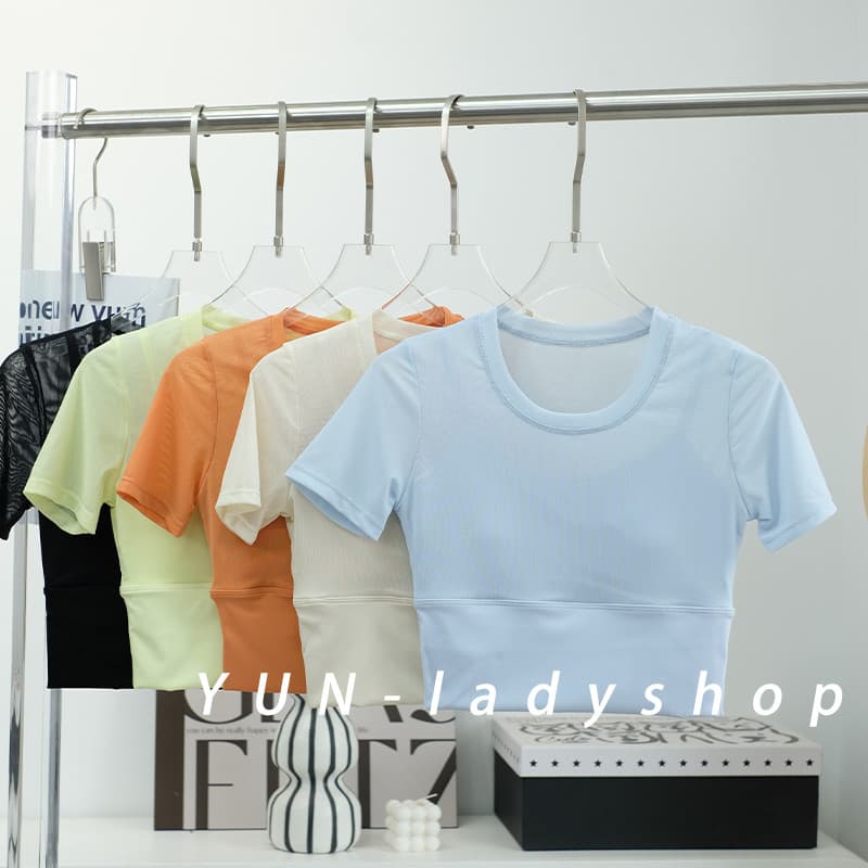 Roupas de Yoga topo feminino com almofada no peito profissional Pilates treinamento roupas de Fitness camiseta de manga