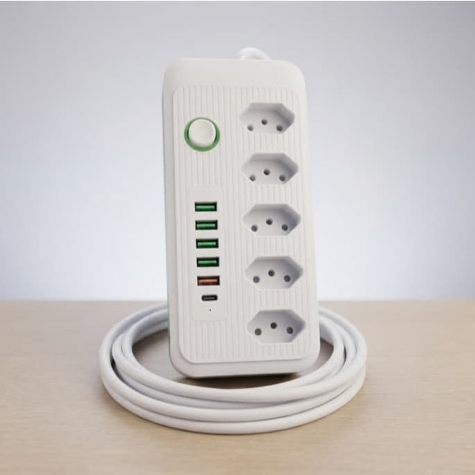 Extensão 5 Tomadas Filtro de Linha Cabo 5M Portas USB e Tipo-C Bivolt