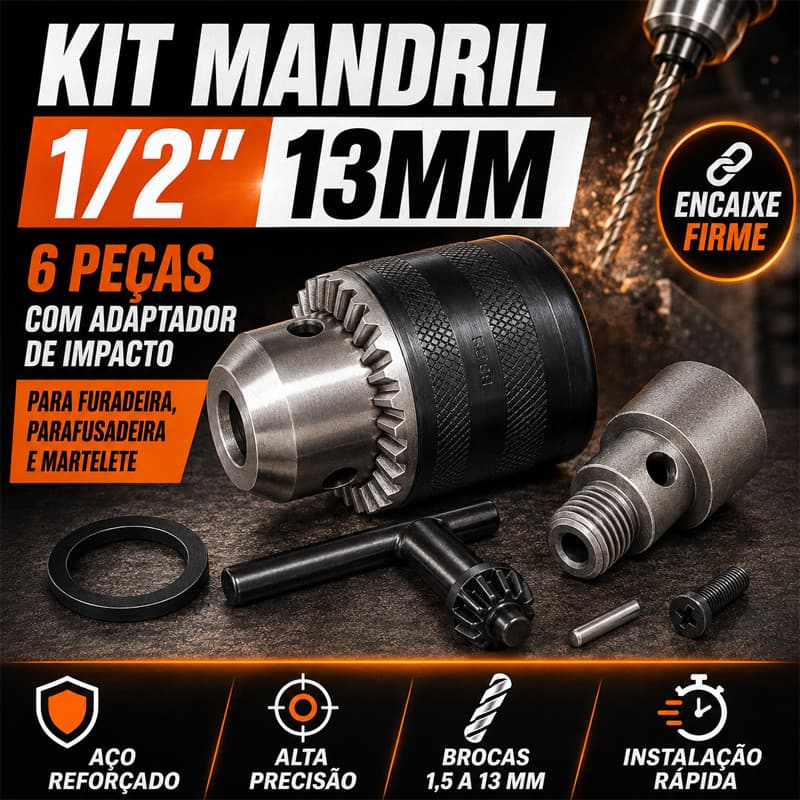 Kit 6 De Mandril De 1/2 " 13 Mm Com Adaptador De Impacto , Rosca De 1.5-, Para Furadeira/Driver De Martelo