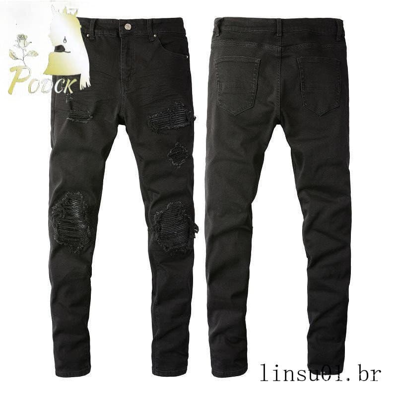Calça Jeans preta de rua alta masculina rasgada com remendo mendigo calça Stretch Slim fit calça Skinny