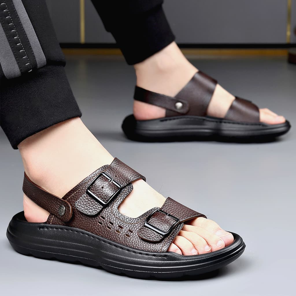 Sapatos de praia masculinos de couro genuíno, verão, respirável, antiderrapante, sola macia, Casual, uso externo, primei