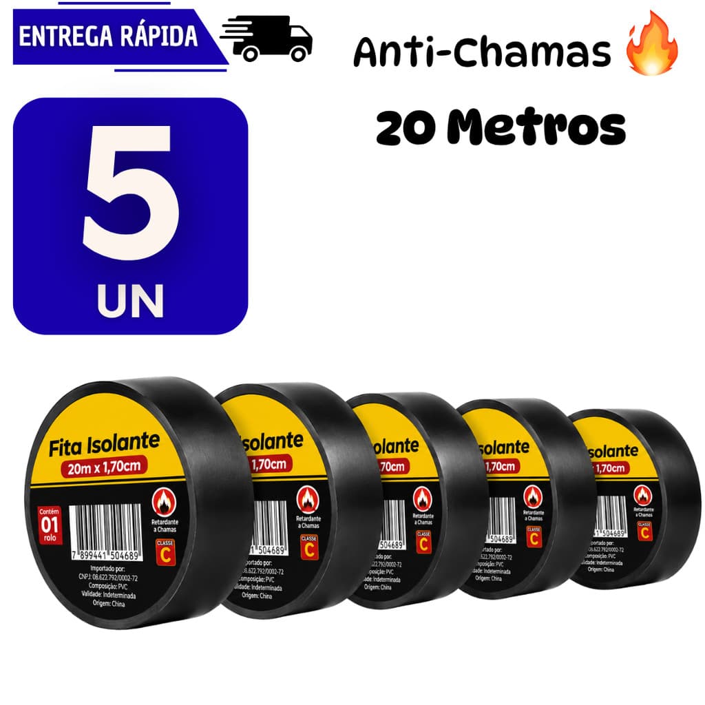 Kit 5 Fita Isolante Preta 20 metros Anti Chamas Instalação Elétrica Alta Resistente Fitas Fio Fogo Cabos Manutenção