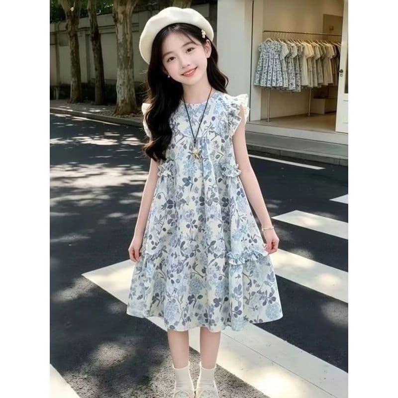 [Little Cute Wear] Meninas verão azul Floral sem mangas vestido médio grande crianças verão doce versão coreana vestido