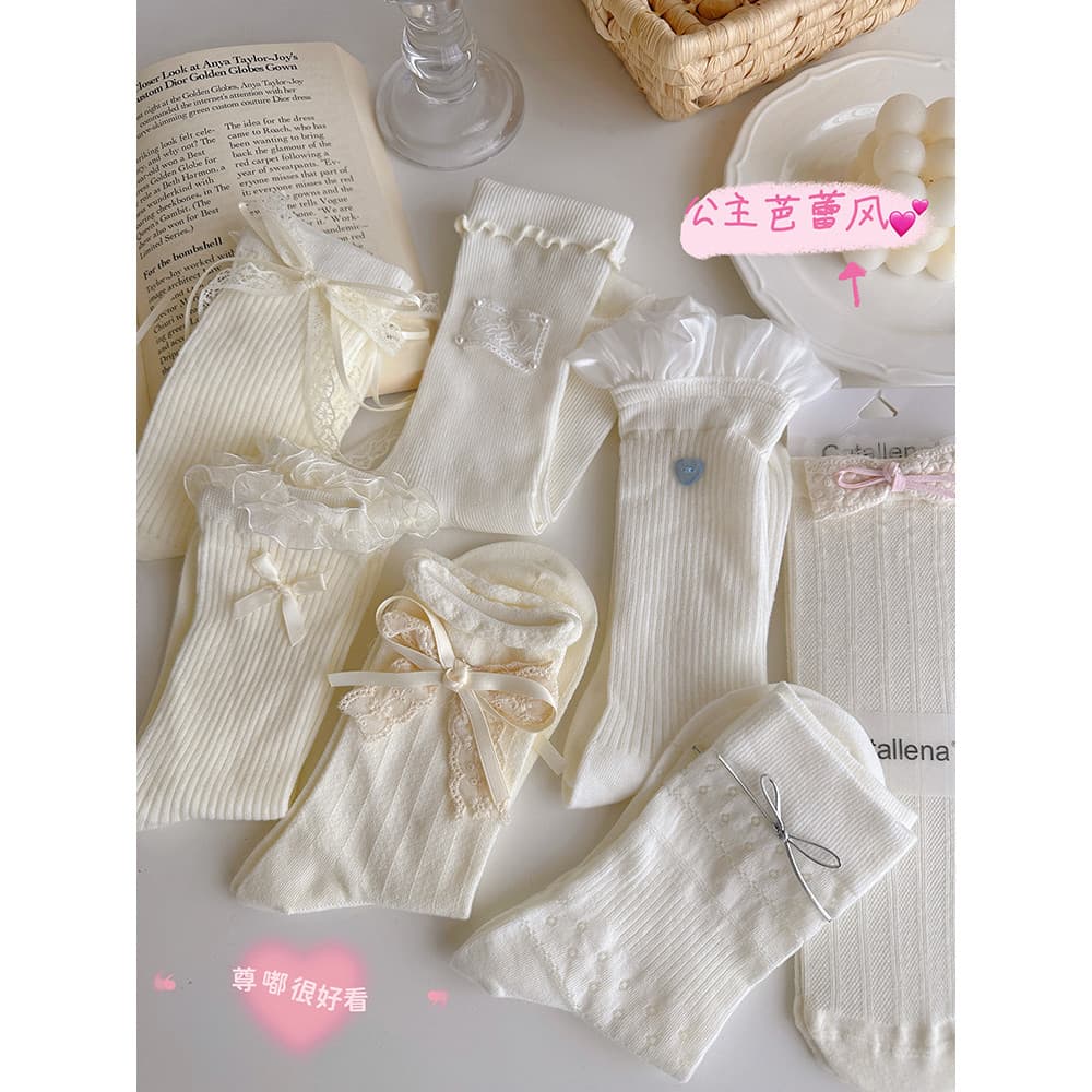 Meias de arco branco mulheres verão fino rendas meados de tubo meias princesa Ballet estilo Lolita pequenos sapatos de c