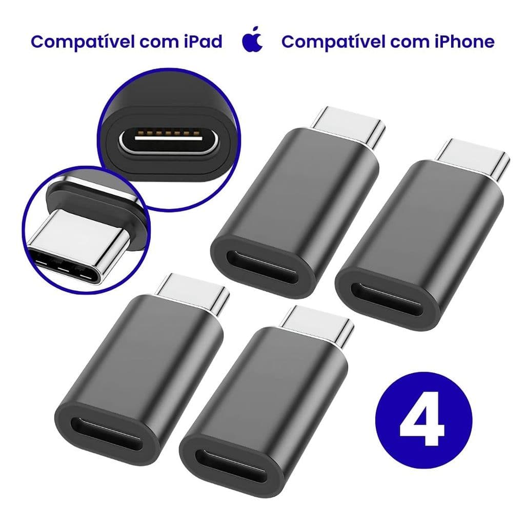 Kit 4 Unidades Adaptador Conversor OTG Cabo Usb Tipo-C Compatível Com Lightning