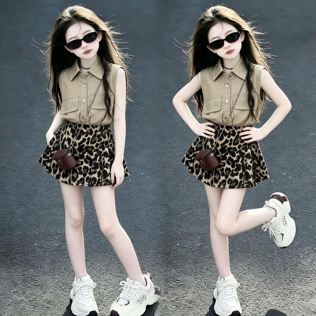 [Novidade] Terno feminino 2026 verão novo estilo saia infantil moderna camisa sem mangas moda estampa de leopardo saia c