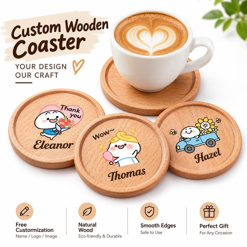 Porta-Copos De Madeira Personalizado , Foto Personalizada , Impressão De Texto , Natural , Mesa , Borda Lisa , Decoração