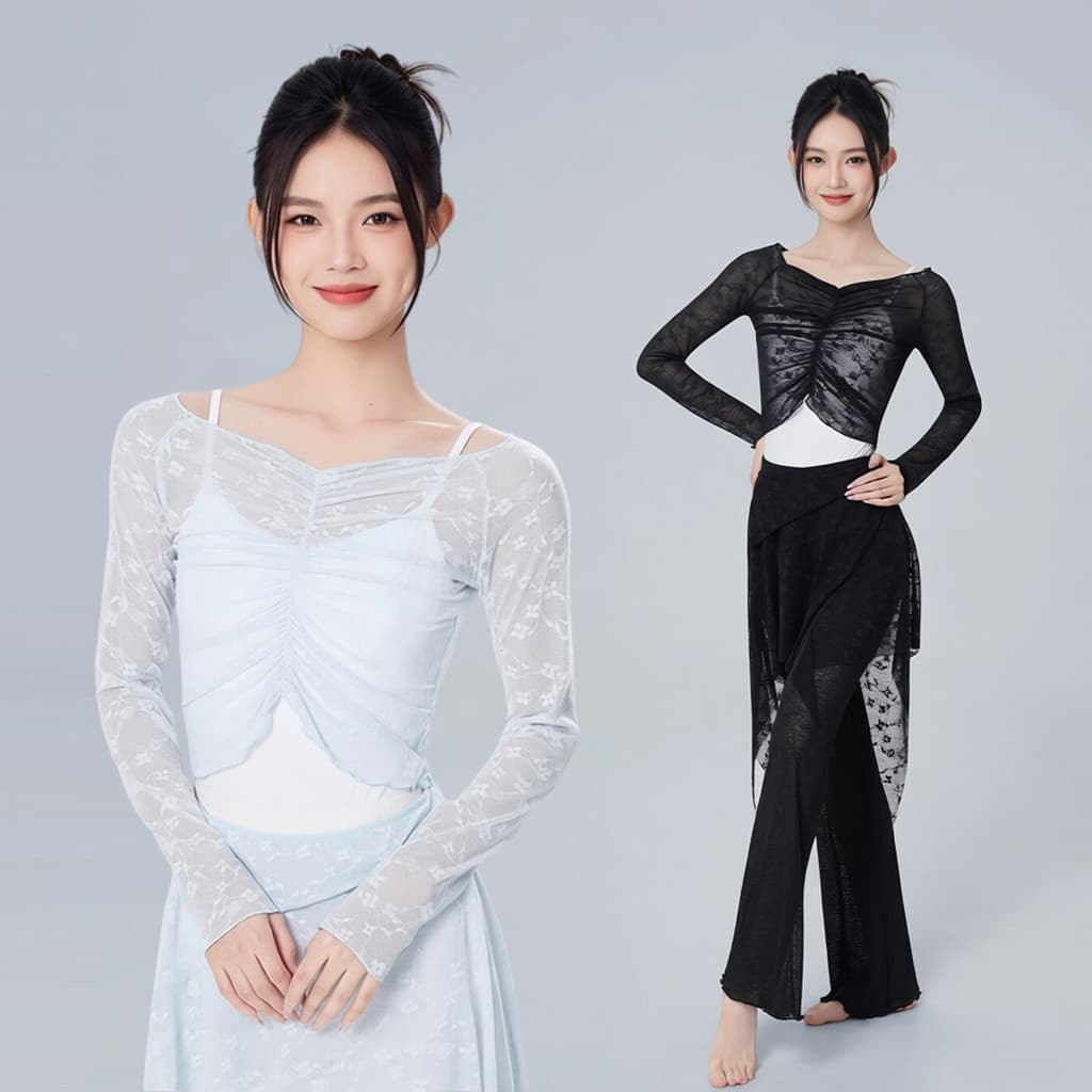 Adulto Ballet renda gaze de manga comprida prática terno superior feminino dança moderna magro-ajuste impresso blusa de