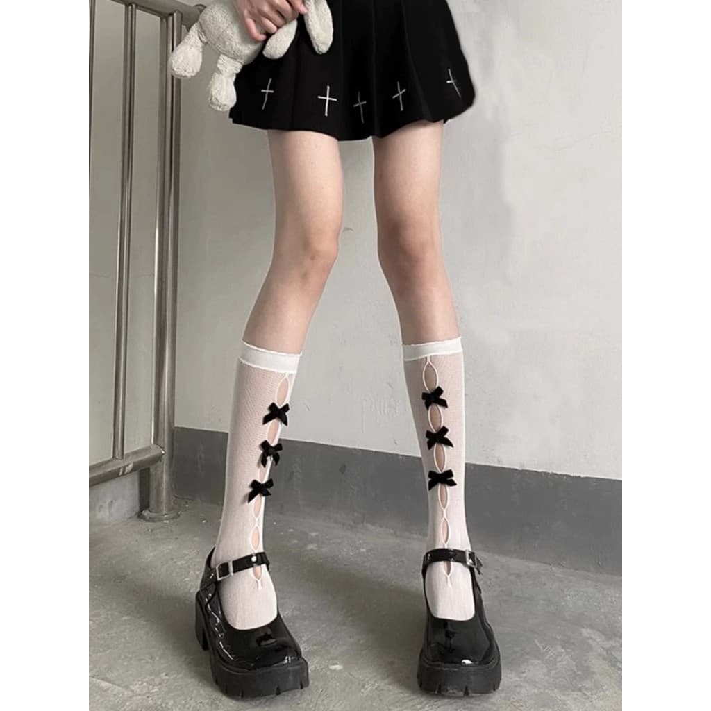 Japonês Lolita bonito multicolorido oco arco Fishnet meias menina estilo Preppy doce legal pilha jk bezerro