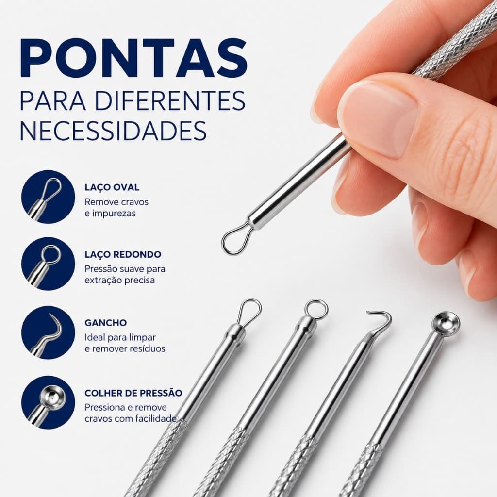 Kit removedor de cravos e espinhas 4 Peças Aço Inox Removedor de Espinhas Limpeza Facial com Estojo