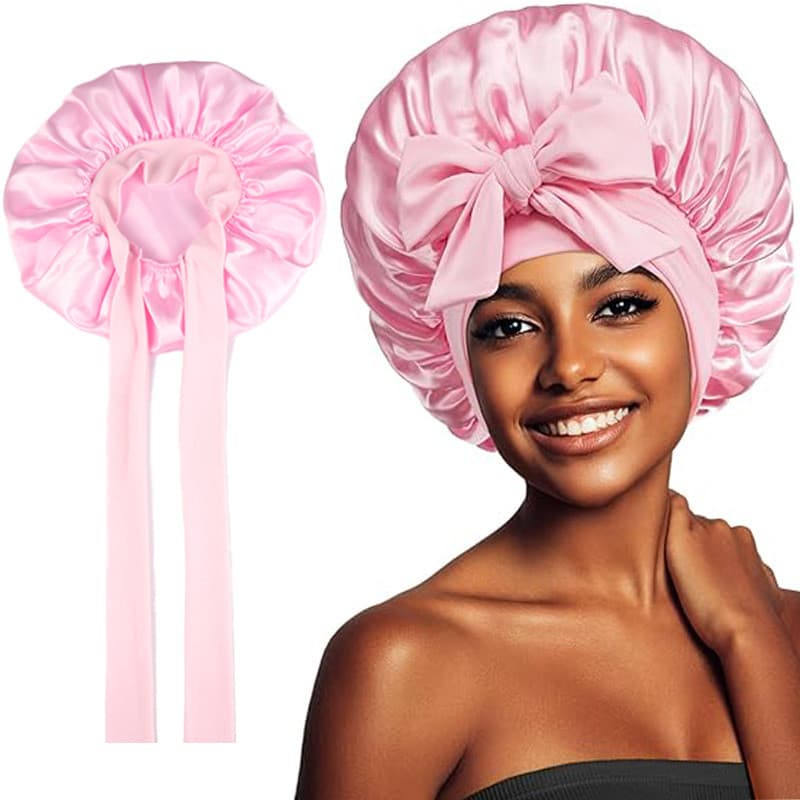 Touca de dormir de cetim feminina, touca de banho com cadarço, beleza, cuidados com os cabelos, touca de banho, simulaçã