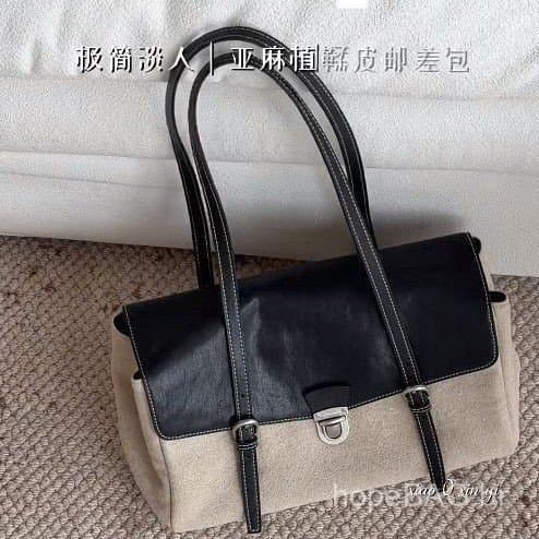Bolsa de Ombro Feminina de Lona com Patchwork Estilo Hong Kong Vintage, Nova Coleção Verão 2026, Versátil e Elegante par