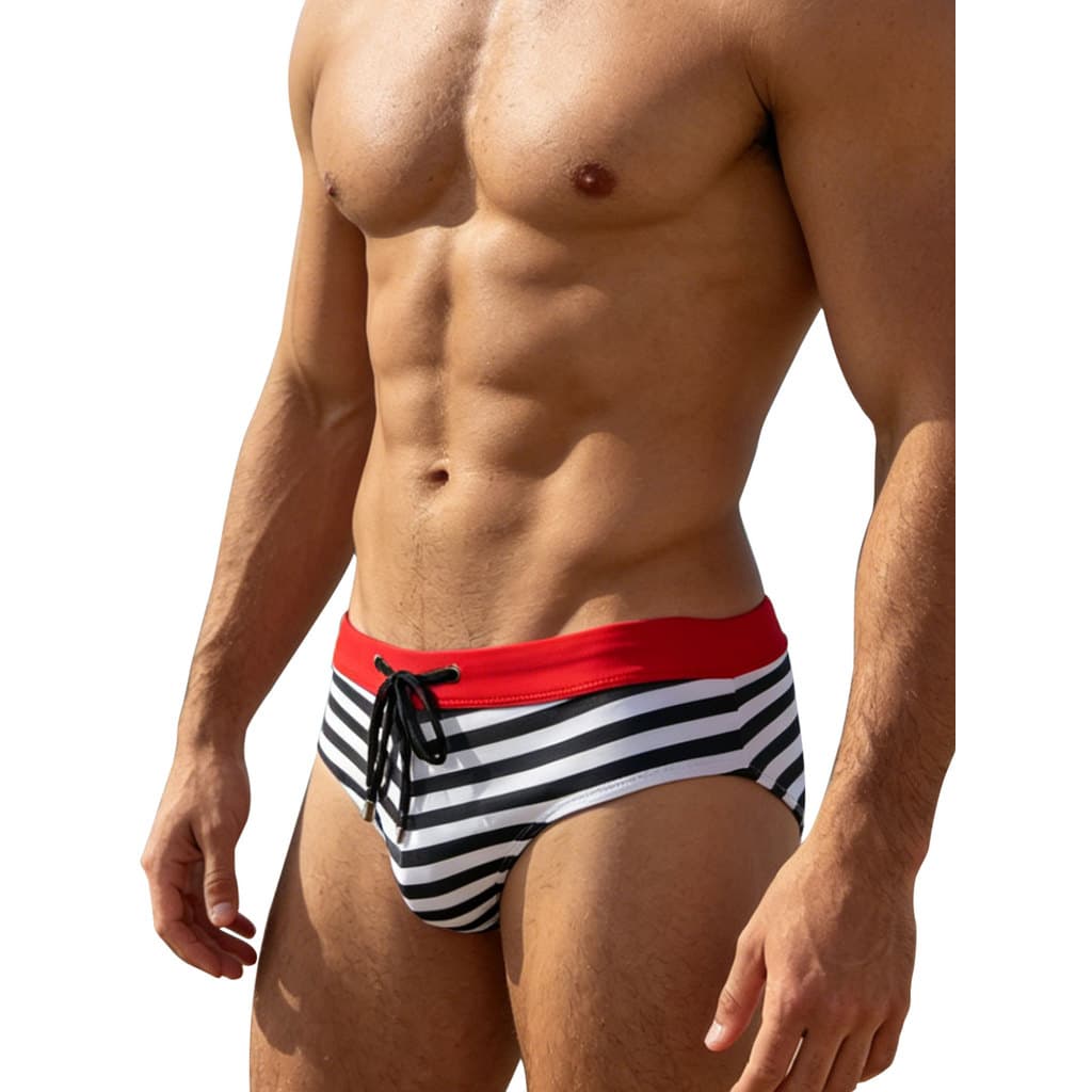 UXH Cuecas listradas masculinas, maiô de algodão puro, confortável, cintura baixa, com cadarço, calção de banho justo