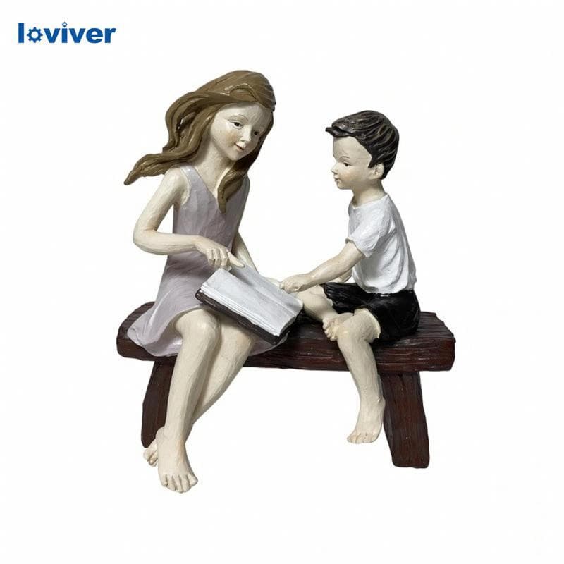 Mulher E Criança No Banco Estatueta Moldada Família Leitura Cena Resina Sintética Estátua Decorativa Intrico Detalhando