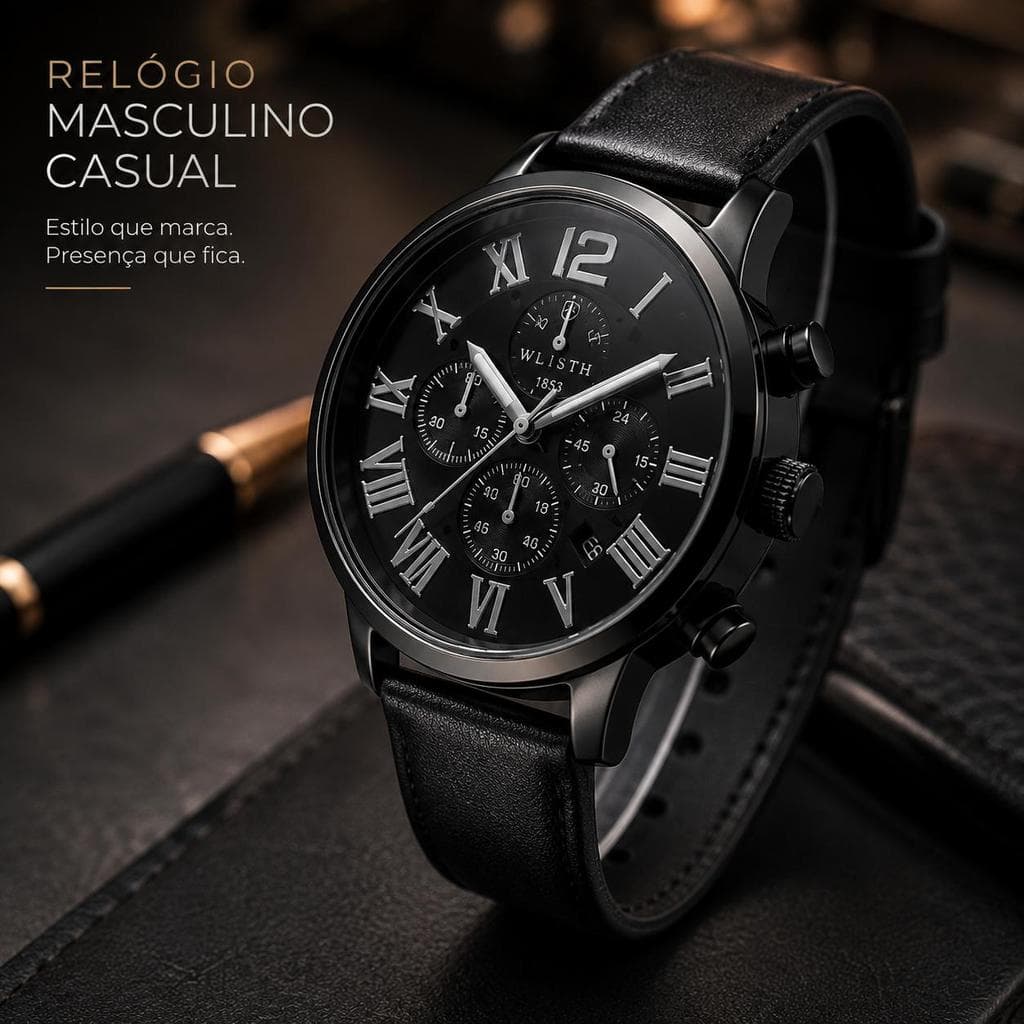 Relógio Masculino Casual Quartz Analógico Preto Pulseira Couro Sintético Cronógrafo Estilo Social Esportivo Moderno