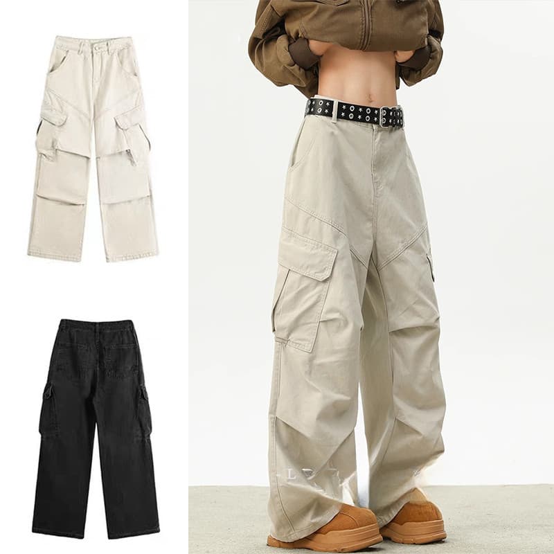 Macacão masculino com vários bolsos, calças retas, calças casuais, calças de corrida, calças retrô americanas