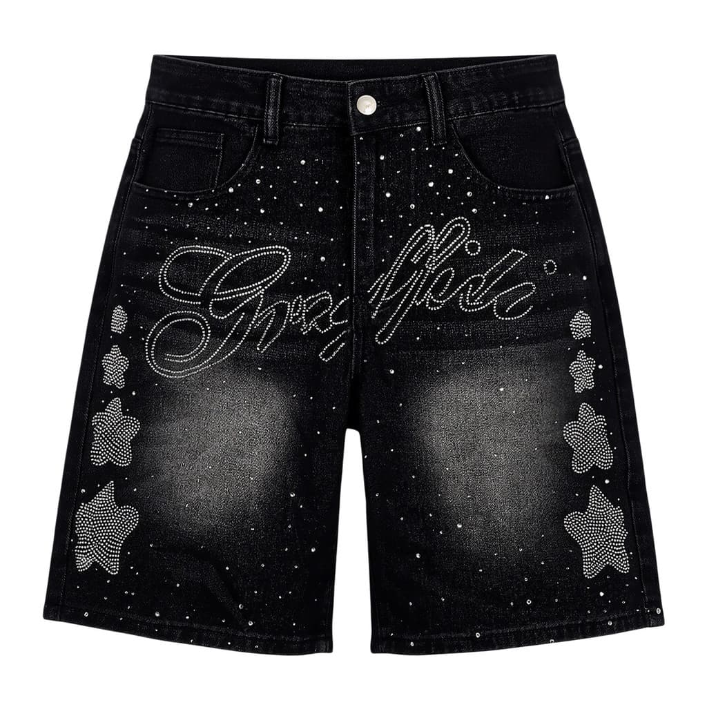 [Estilo mais vendido] Calça Jeans masculina de cinco pontos com fundo preto estilo americano com strass e estrela comple