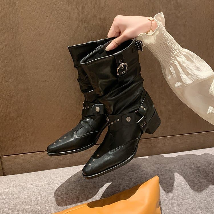Botas Femininas de Bico Fino, Botas Curtas Soltas e Casuais com Salto Grosso, Botas da Moda, Tamanhos 35-41