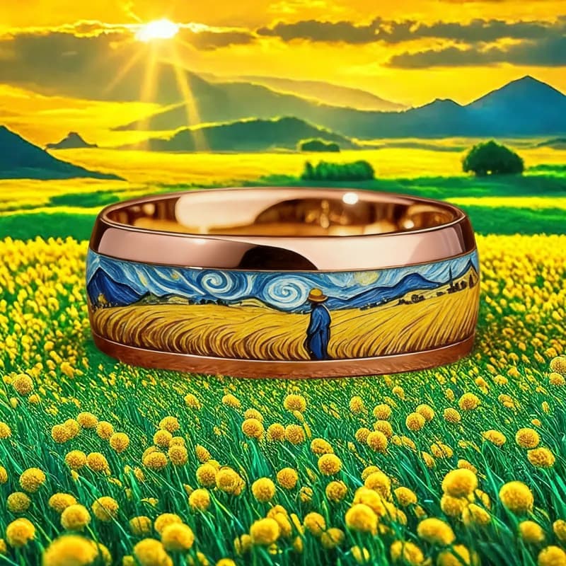 Anel de Aço Inoxidável "A Noite Estrelada" de Van Gogh com Design Artístico de Pintura a Óleo, Unissex, Adequado para Us