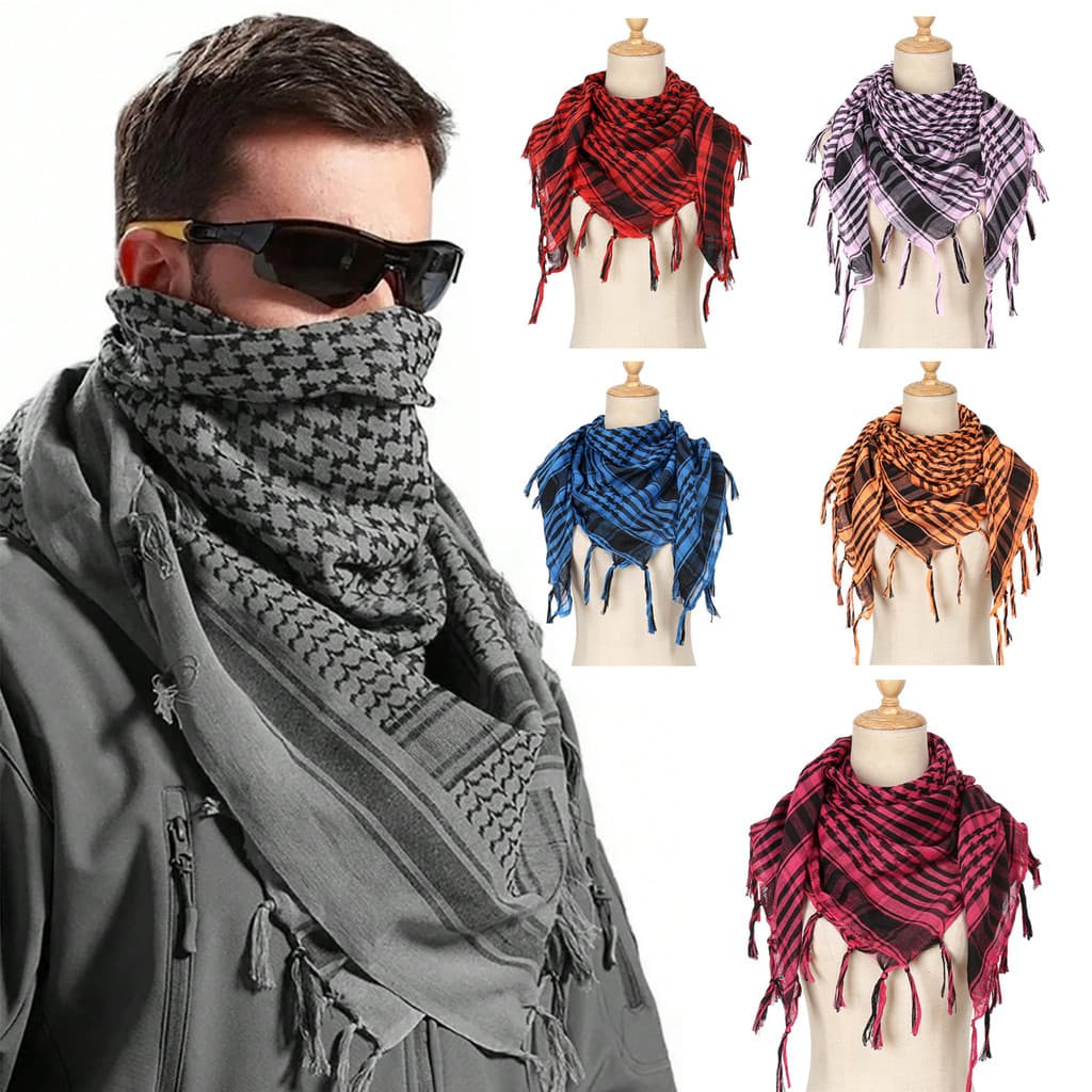 Lenço de vendas diretas Houndstooth lenço de cabeça masculino deserto tático cachecol borla lenço quadrado feminino masc