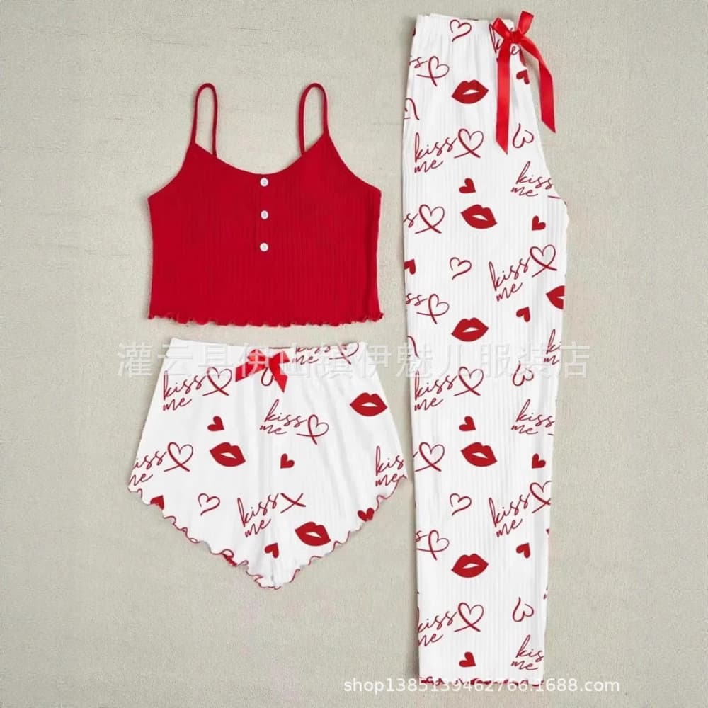 2025 Loungewear Coração Estampado Botão Pijama Suspensório Shorts Calças Compridas Conjunto de Três Peças Loungewear