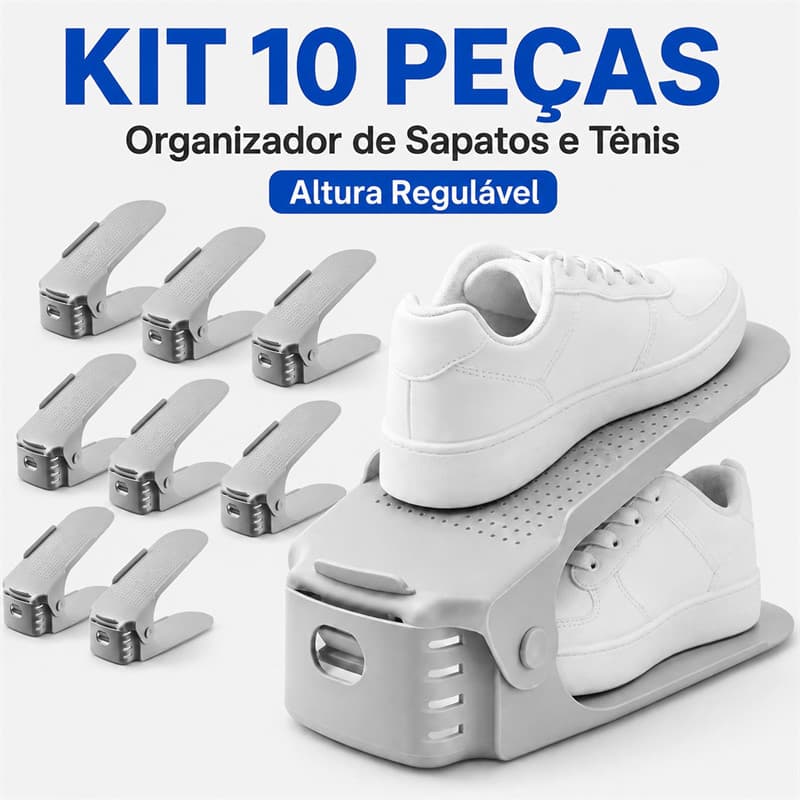 Kit 10 Organizadores de Sapatos e Tênis Cinza com Altura Regulável para Armário