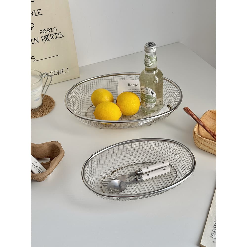 Ins cesta de frutas de aço inoxidável oco dreno água cesta vegetal Oval cesta de armazenamento de cozinha cesta de armaz