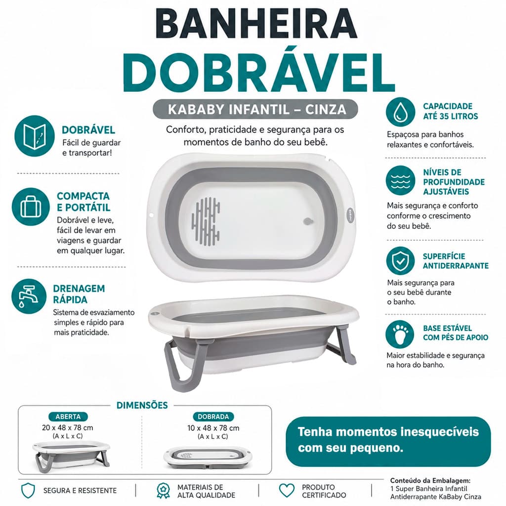 Super Banheira de Bebê Dobrável Antiderrapante - KaBaby/Cinza