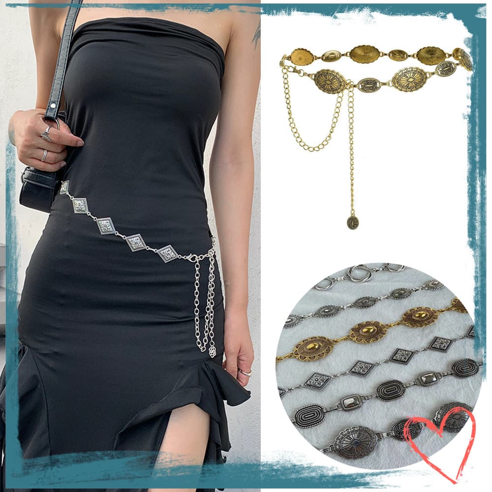 Corrente De Cintura Retrô , Feminina Ajustável Durável , Cinto De Esculpido Em Metal Dourado/Prateado De Alta Qualidade