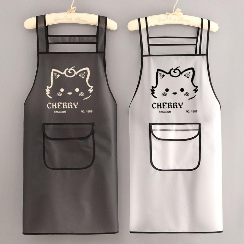 Avental Avental de Trabalho Impermeável SUEBR, branco Preto Gato de Desenho Animado Transparente Avental de Cozinha em T