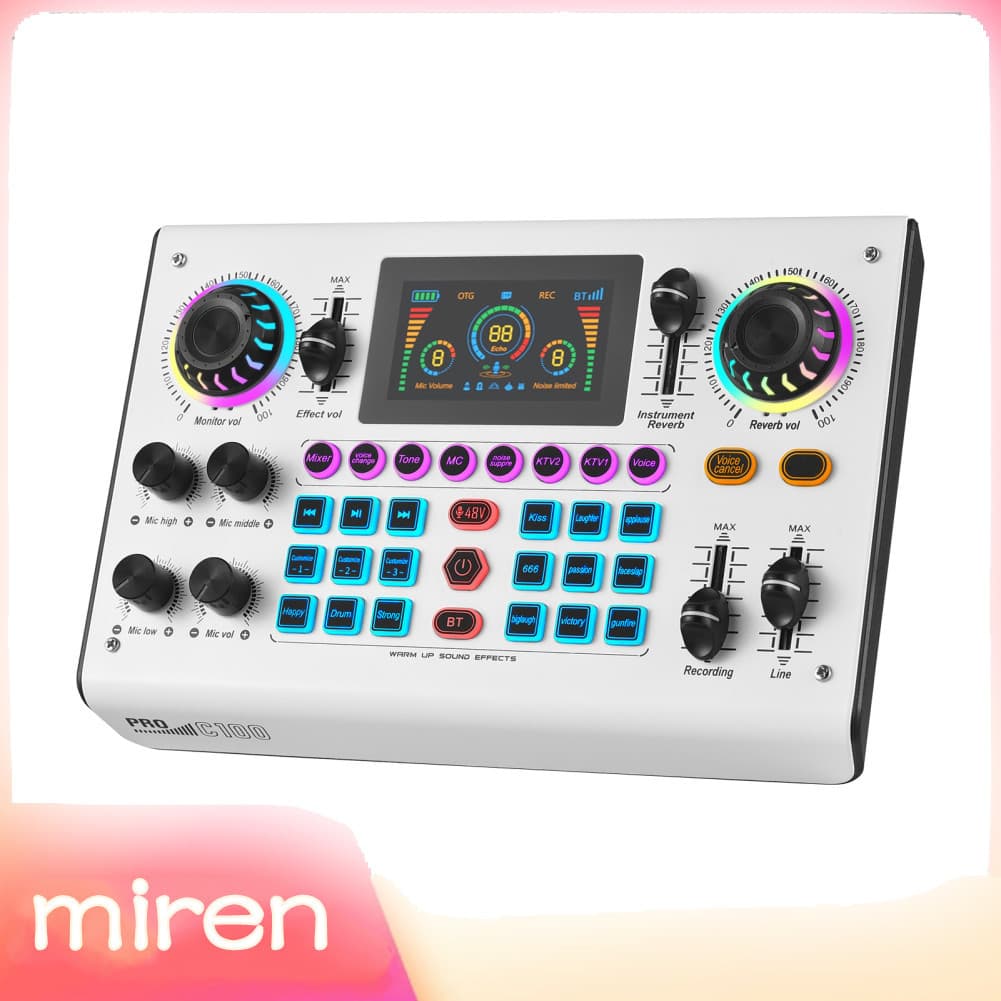 miren.br Placa de Som Mixer de Áudio 48V Phantom Power Live Card RGB Light BT Wireless Plug and Play para Streaming